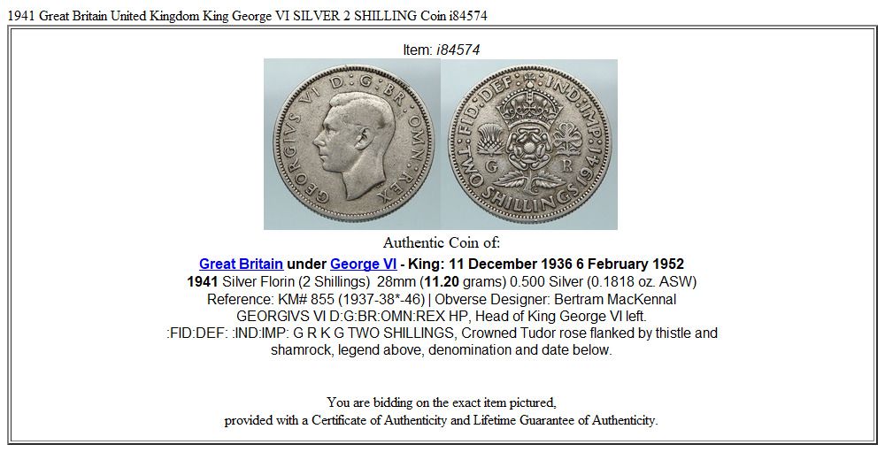 1941 Great Britain United Kingdom King George VI SILVER 2 SHILLING Coin i84574