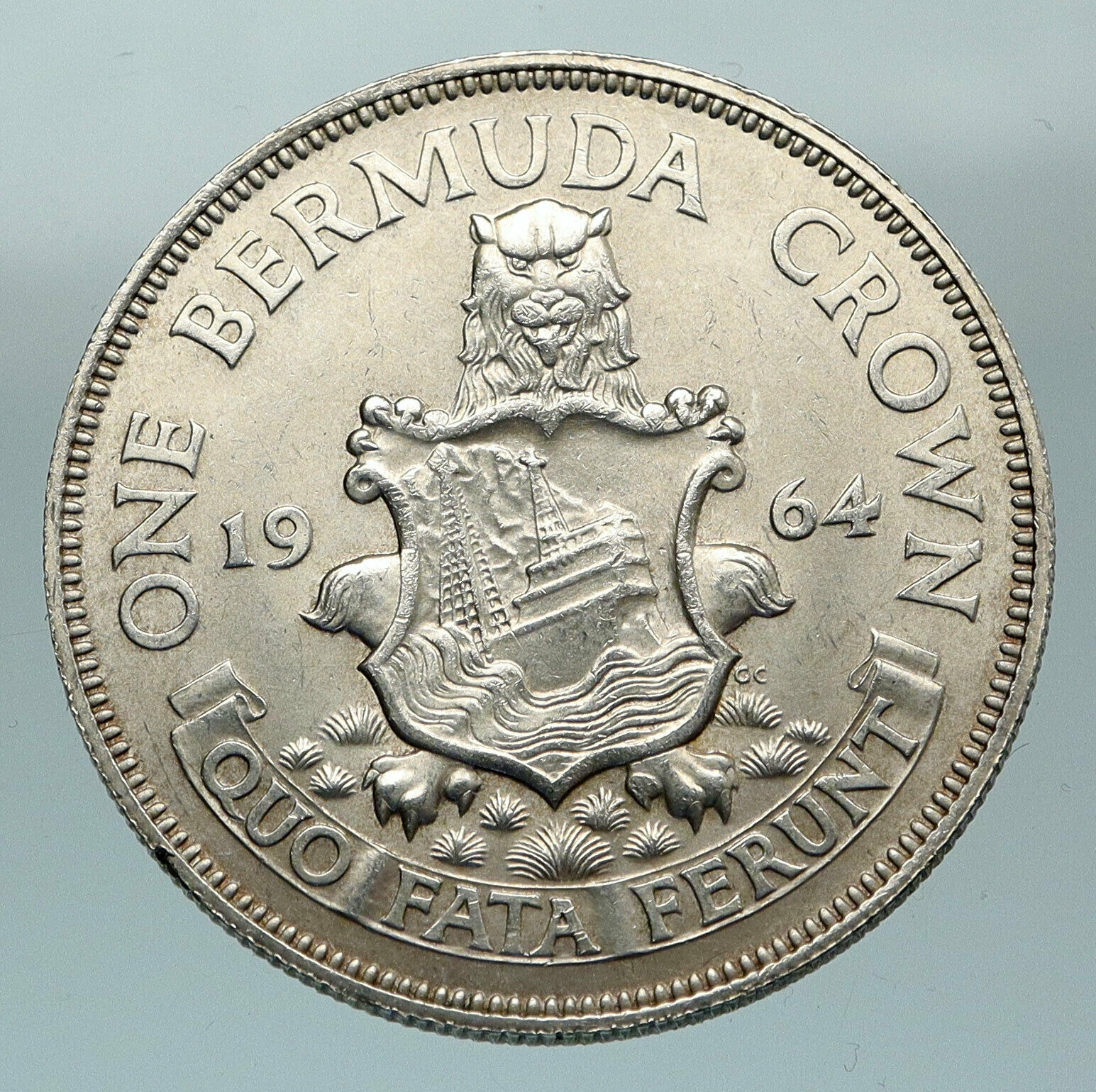 1964 BERMUDA British Colony LARGE Elizabeth II Antique Silver Crown Coin i84589