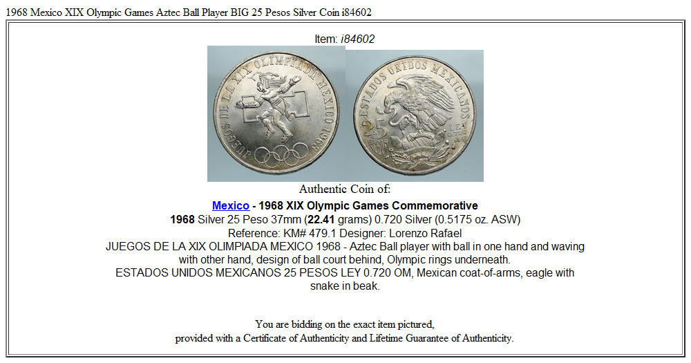 1968 Mexico XIX Olympic Games Aztec Ball Player BIG 25 Pesos Silver Coin i84602