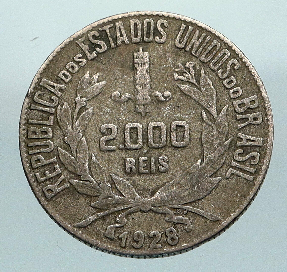 1928 BRAZIL Woman of Republic OLD Antique Brazilian Silver 2000 Reis Coin i84604