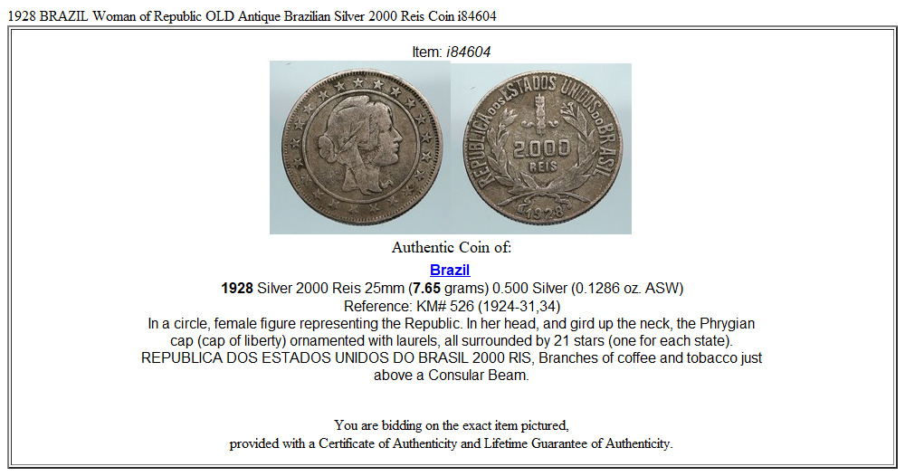 1928 BRAZIL Woman of Republic OLD Antique Brazilian Silver 2000 Reis Coin i84604