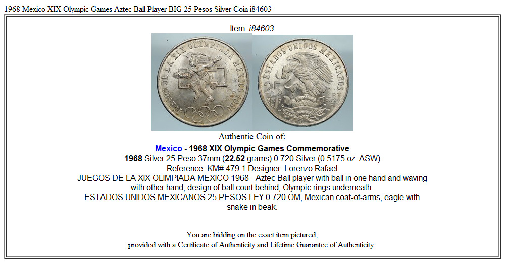 1968 Mexico XIX Olympic Games Aztec Ball Player BIG 25 Pesos Silver Coin i84603