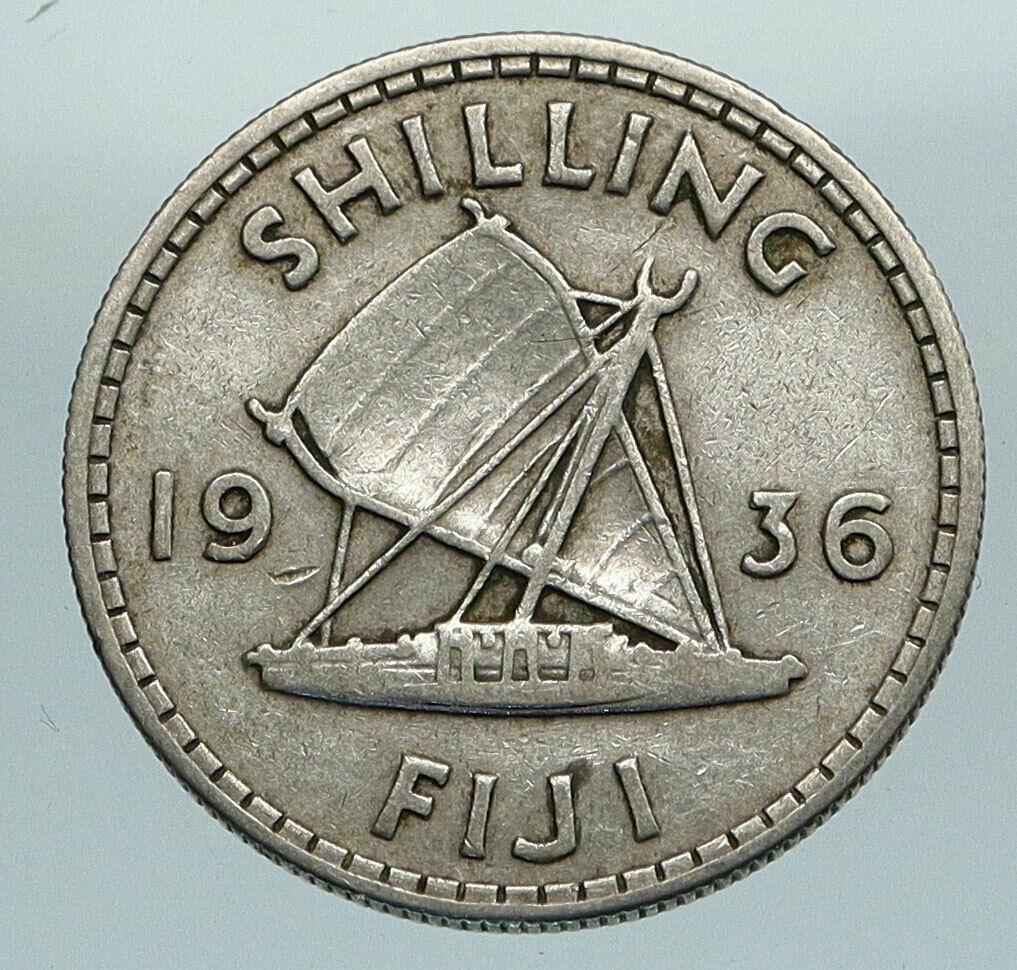 1936 FIJI UK King GEORGE V Outrigger Canoe Genuine Silver Shilling Coin i84607