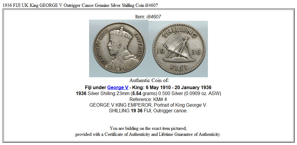 1936 FIJI UK King GEORGE V Outrigger Canoe Genuine Silver Shilling Coin i84607