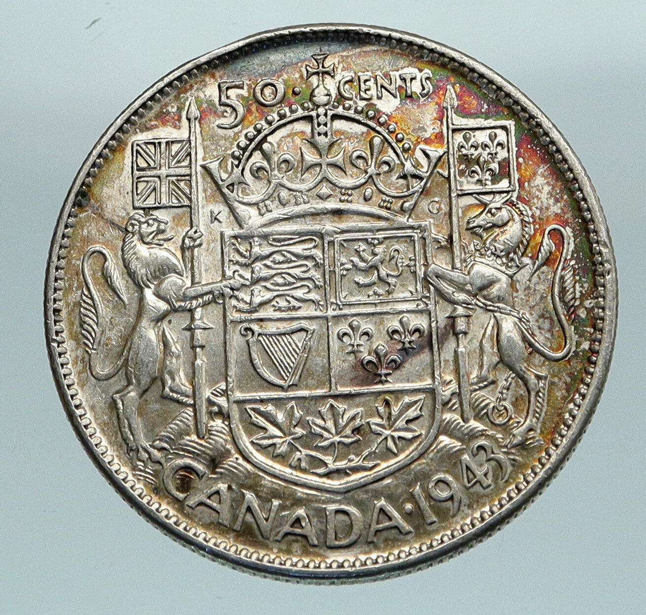 1943 CANADA UK King GEORGE VI Lions Crown Large Old SILVER 50 Cents Coin i84608