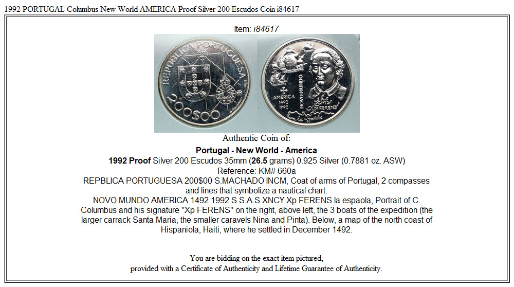 1992 PORTUGAL Columbus New World AMERICA Proof Silver 200 Escudos Coin i84617