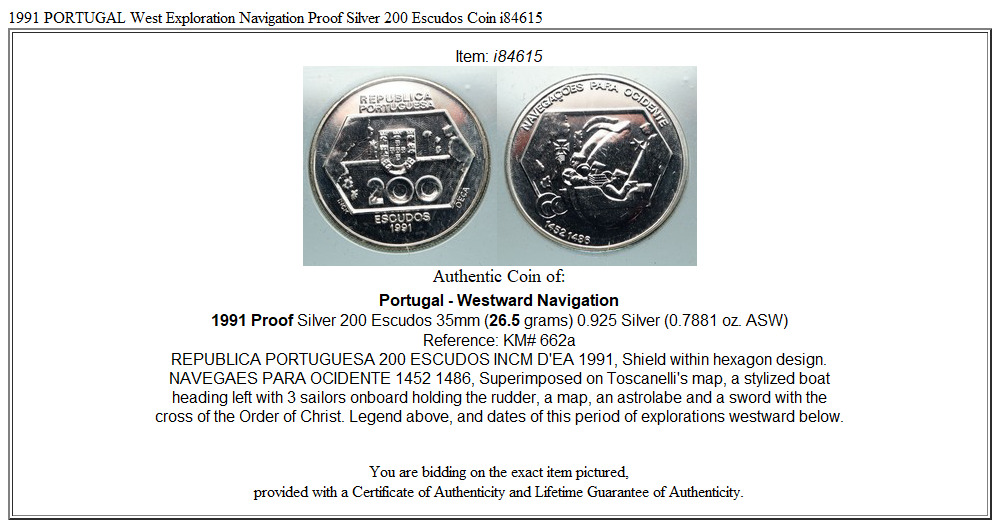 1991 PORTUGAL West Exploration Navigation Proof Silver 200 Escudos Coin i84615