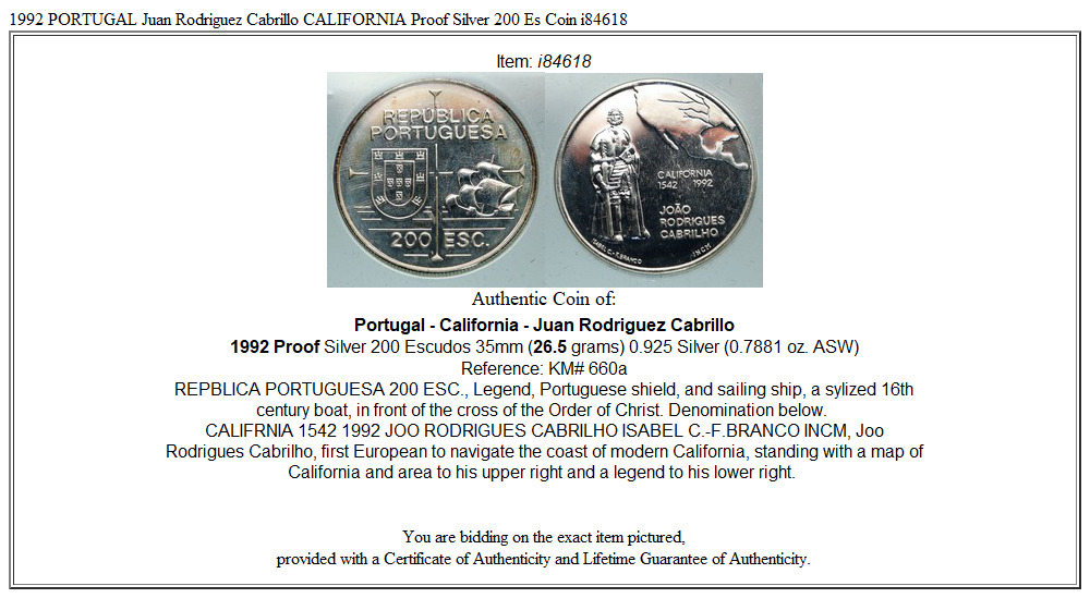 1992 PORTUGAL Juan Rodriguez Cabrillo CALIFORNIA Proof Silver 200 Es Coin i84618