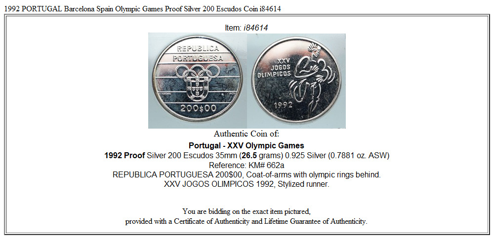 1992 PORTUGAL Barcelona Spain Olympic Games Proof Silver 200 Escudos Coin i84614