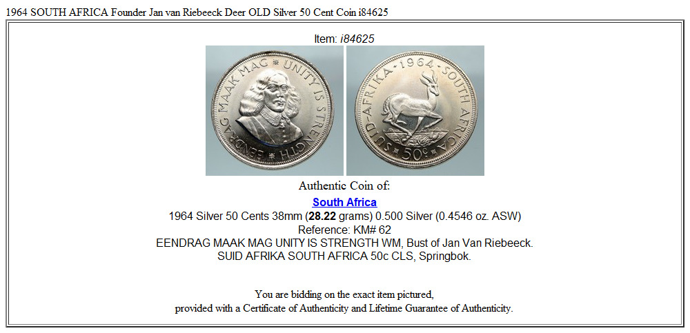 1964 SOUTH AFRICA Founder Jan van Riebeeck Deer OLD Silver 50 Cent Coin i84625