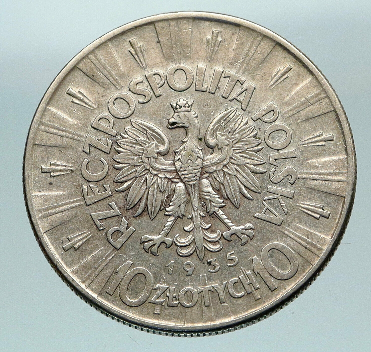 1935 POLAND Leader Jozef Pilsudski Eagle Vintage Silver 10 Zlotych Coin i84623