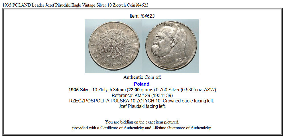 1935 POLAND Leader Jozef Pilsudski Eagle Vintage Silver 10 Zlotych Coin i84623