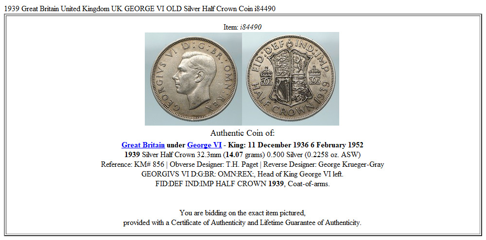 1939 Great Britain United Kingdom UK GEORGE VI OLD Silver Half Crown Coin i84490