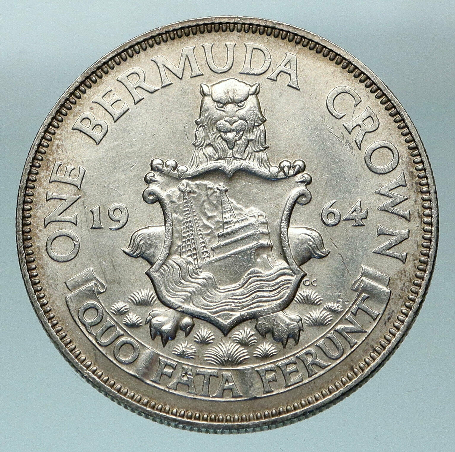 1964 BERMUDA British Colony LARGE Elizabeth II Antique Silver Crown Coin i84480