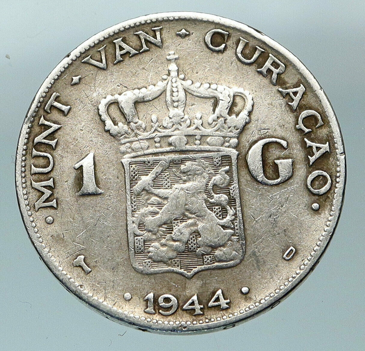 1944 CURACAO Netherlands Kingdom w Queen WILHELMINA Silver 1 Gulden Coin i84487