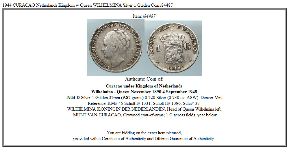 1944 CURACAO Netherlands Kingdom w Queen WILHELMINA Silver 1 Gulden Coin i84487