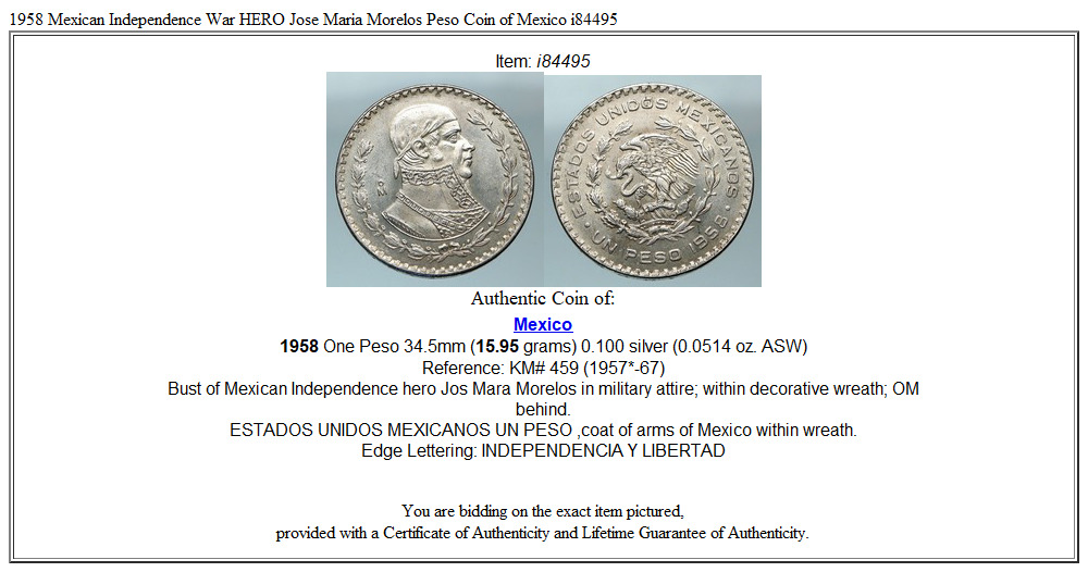 1958 Mexican Independence War HERO Jose Maria Morelos Peso Coin of Mexico i84495