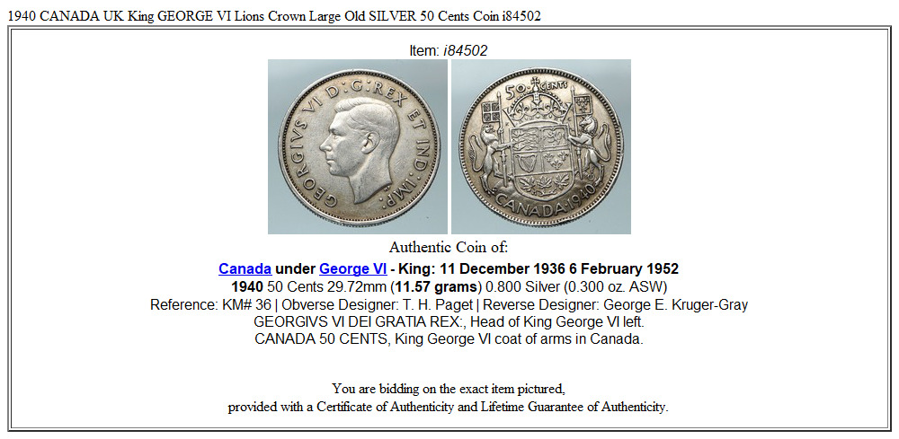 1940 CANADA UK King GEORGE VI Lions Crown Large Old SILVER 50 Cents Coin i84502