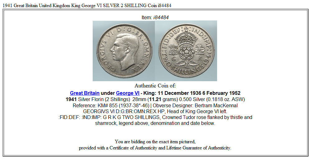 1941 Great Britain United Kingdom King George VI SILVER 2 SHILLING Coin i84484