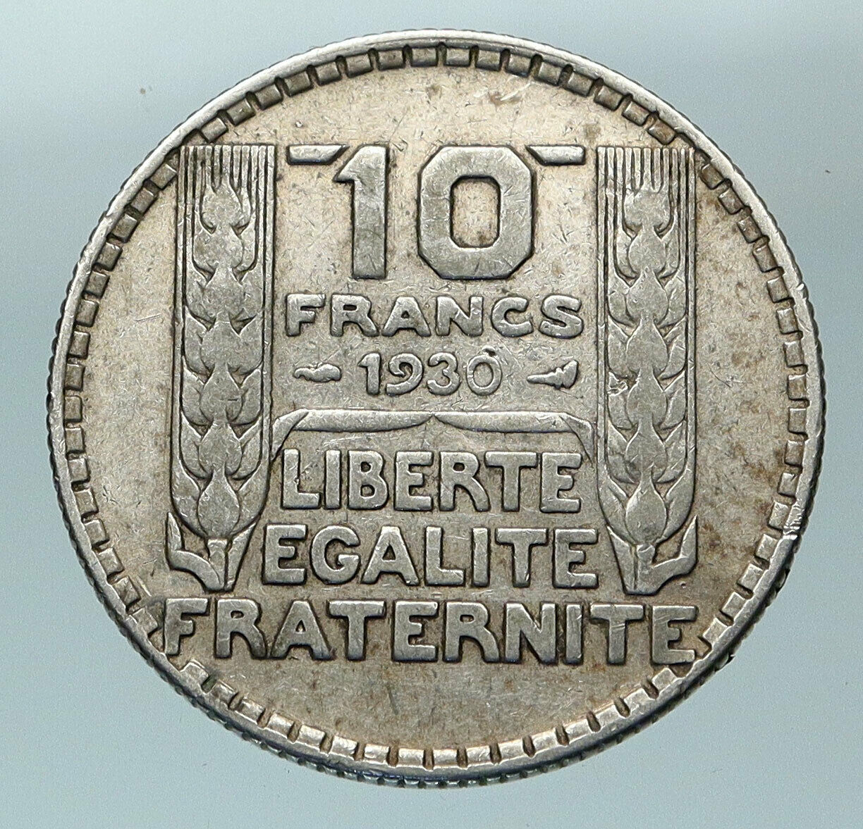 1930 FRANCE w Marianne FRENCH MOTTO Antique Genuine Silver 10 Francs Coin i84489