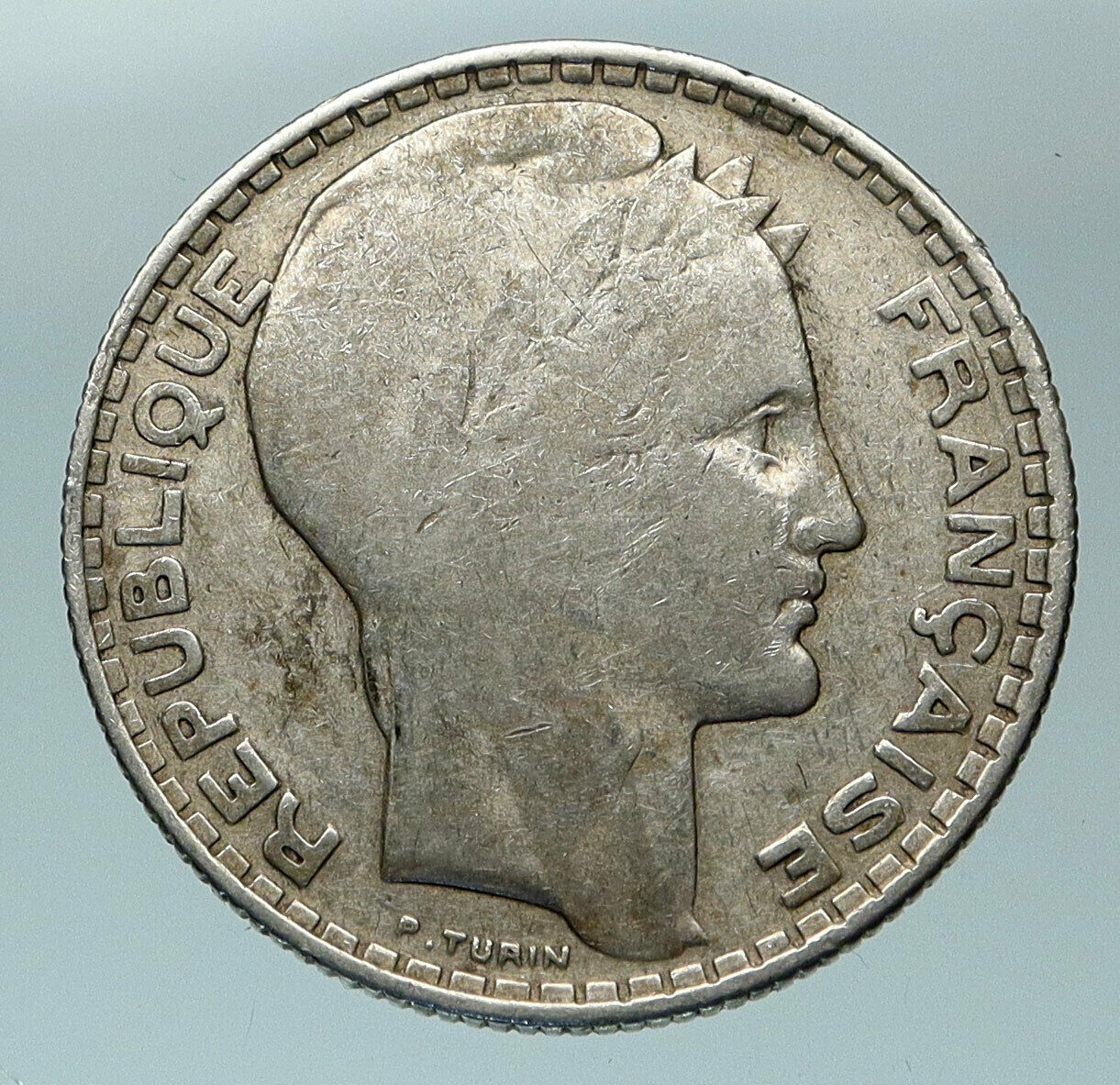 1930 FRANCE w Marianne FRENCH MOTTO Antique Genuine Silver 10 Francs Coin i84489