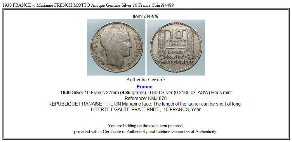 1930 FRANCE w Marianne FRENCH MOTTO Antique Genuine Silver 10 Francs Coin i84489