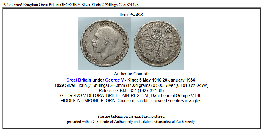 1929 United Kingdom Great Britain GEORGE V Silver Florin 2 Shillings Coin i84498