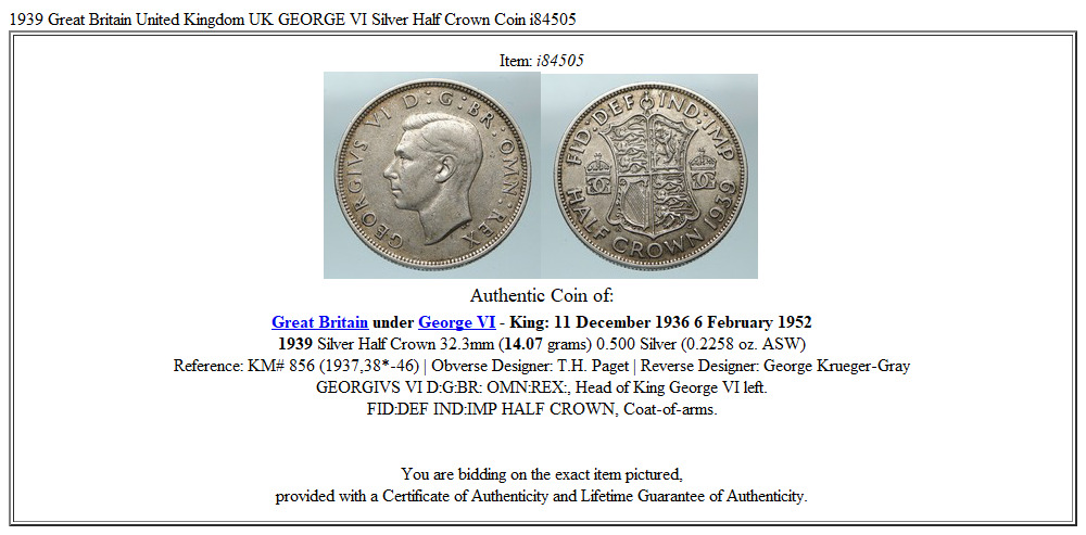 1939 Great Britain United Kingdom UK GEORGE VI Silver Half Crown Coin i84505