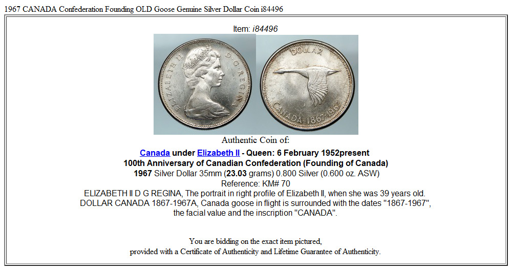 1967 CANADA Confederation Founding OLD Goose Genuine Silver Dollar Coin i84496