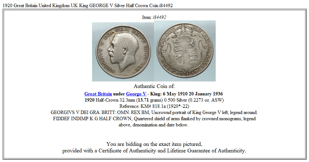 1920 Great Britain United Kingdom UK King GEORGE V Silver Half Crown Coin i84492