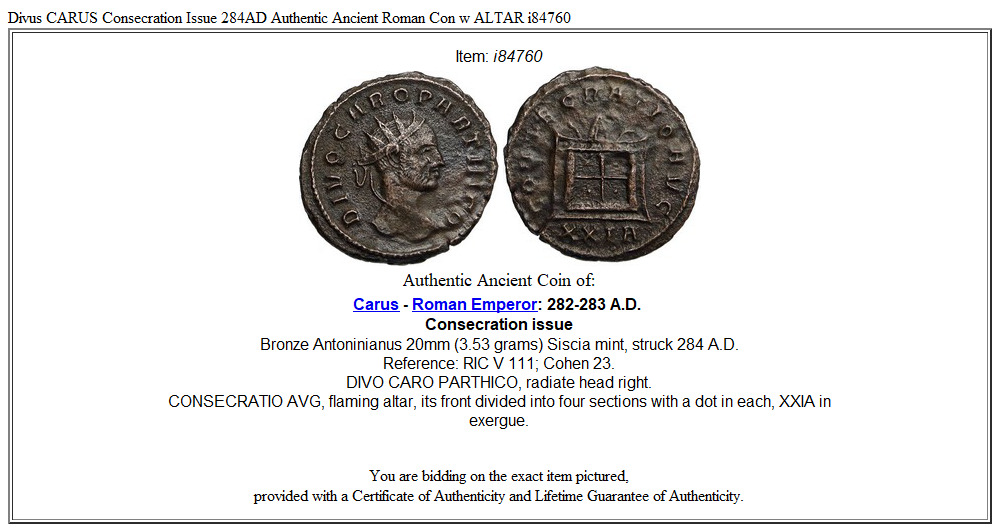 Divus CARUS Consecration Issue 284AD Authentic Ancient Roman Con w ALTAR i84760