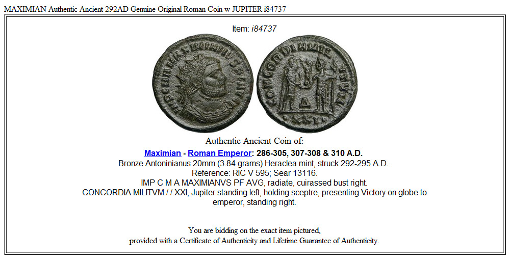 MAXIMIAN Authentic Ancient 292AD Genuine Original Roman Coin w JUPITER i84737