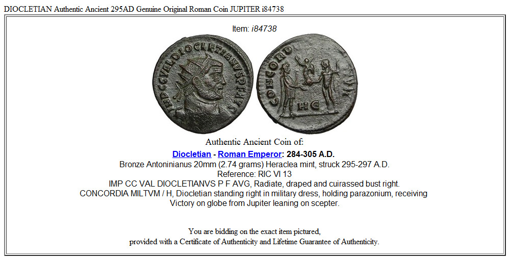 DIOCLETIAN Authentic Ancient 295AD Genuine Original Roman Coin JUPITER i84738