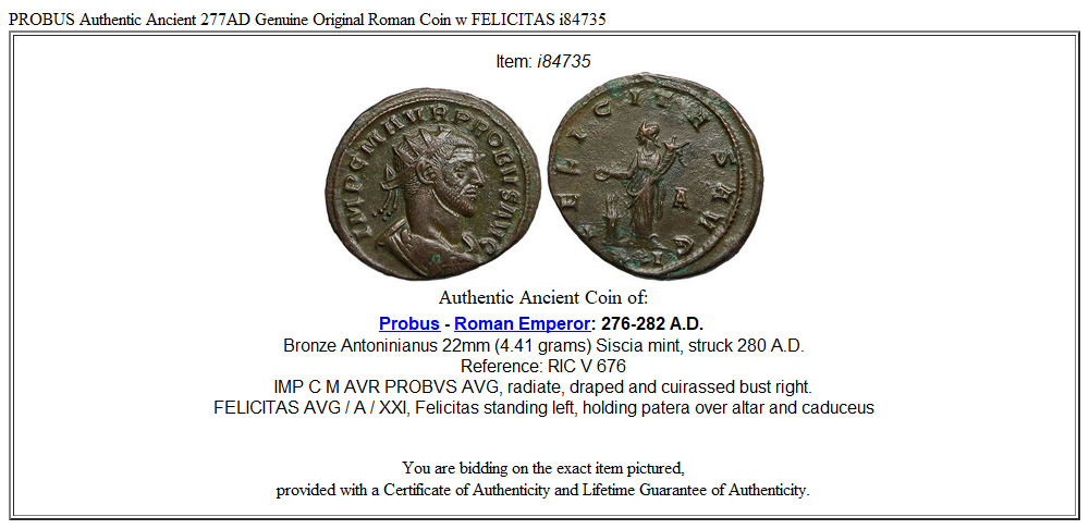 PROBUS Authentic Ancient 277AD Genuine Original Roman Coin w FELICITAS i84735