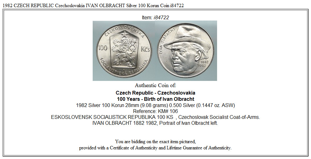 1982 CZECH REPUBLIC Czechoslovakia IVAN OLBRACHT Silver 100 Korun Coin i84722