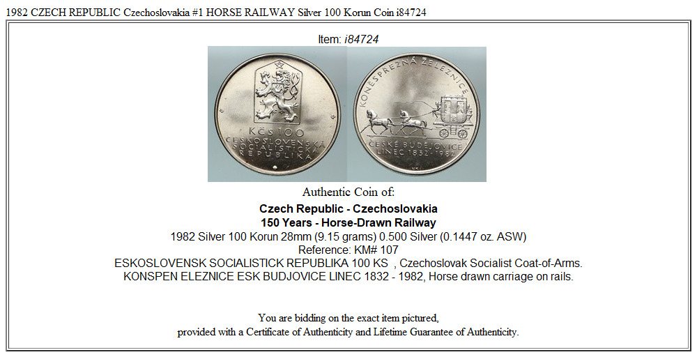 1982 CZECH REPUBLIC Czechoslovakia #1 HORSE RAILWAY Silver 100 Korun Coin i84724