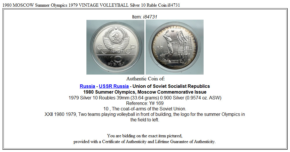 1980 MOSCOW Summer Olympics 1979 VINTAGE VOLLEYBALL Silver 10 Ruble Coin i84731