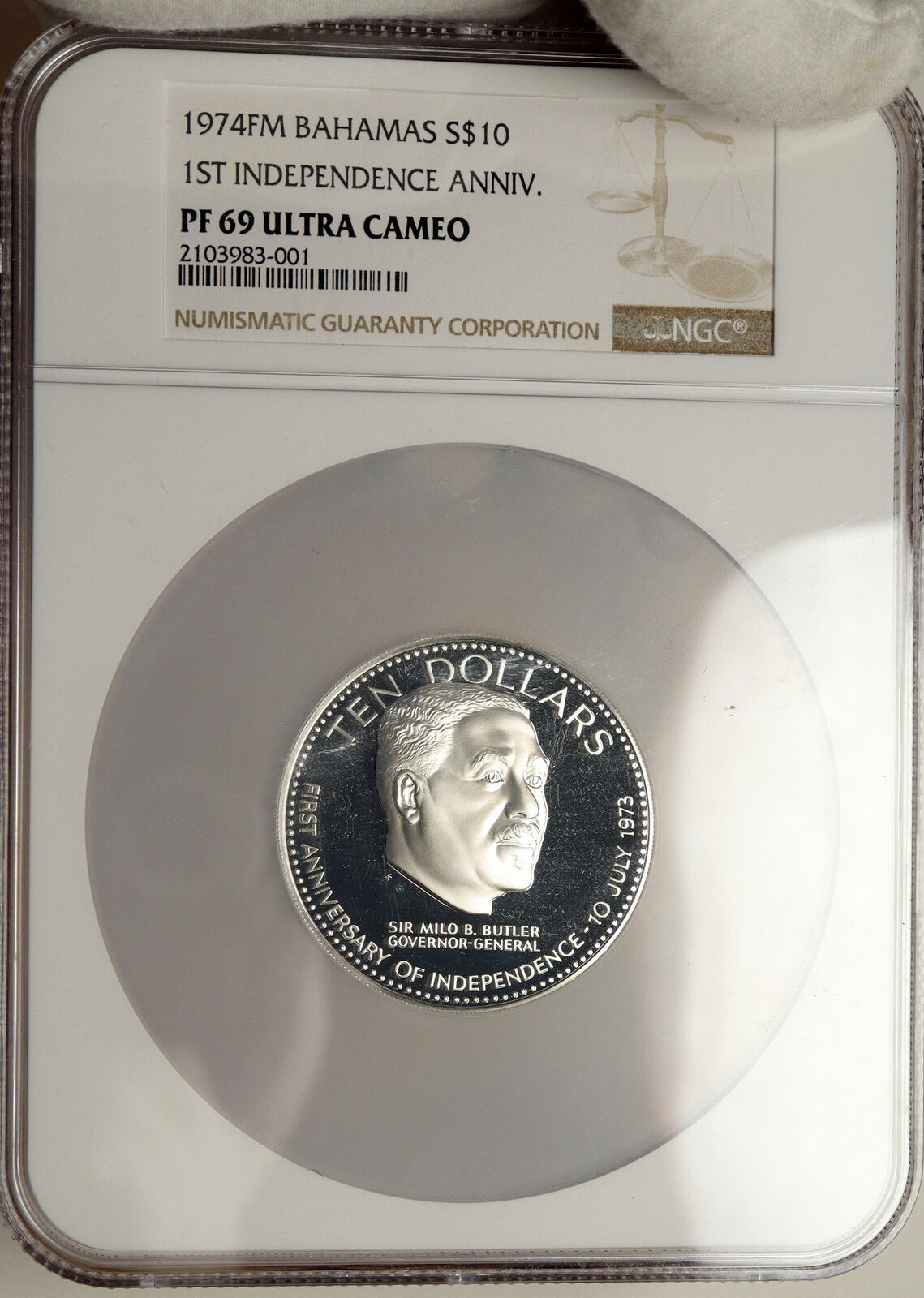 1974 BAHAMAS Large Independence Milo Butler OLD Proof Silver $10 NGC Coin i84650