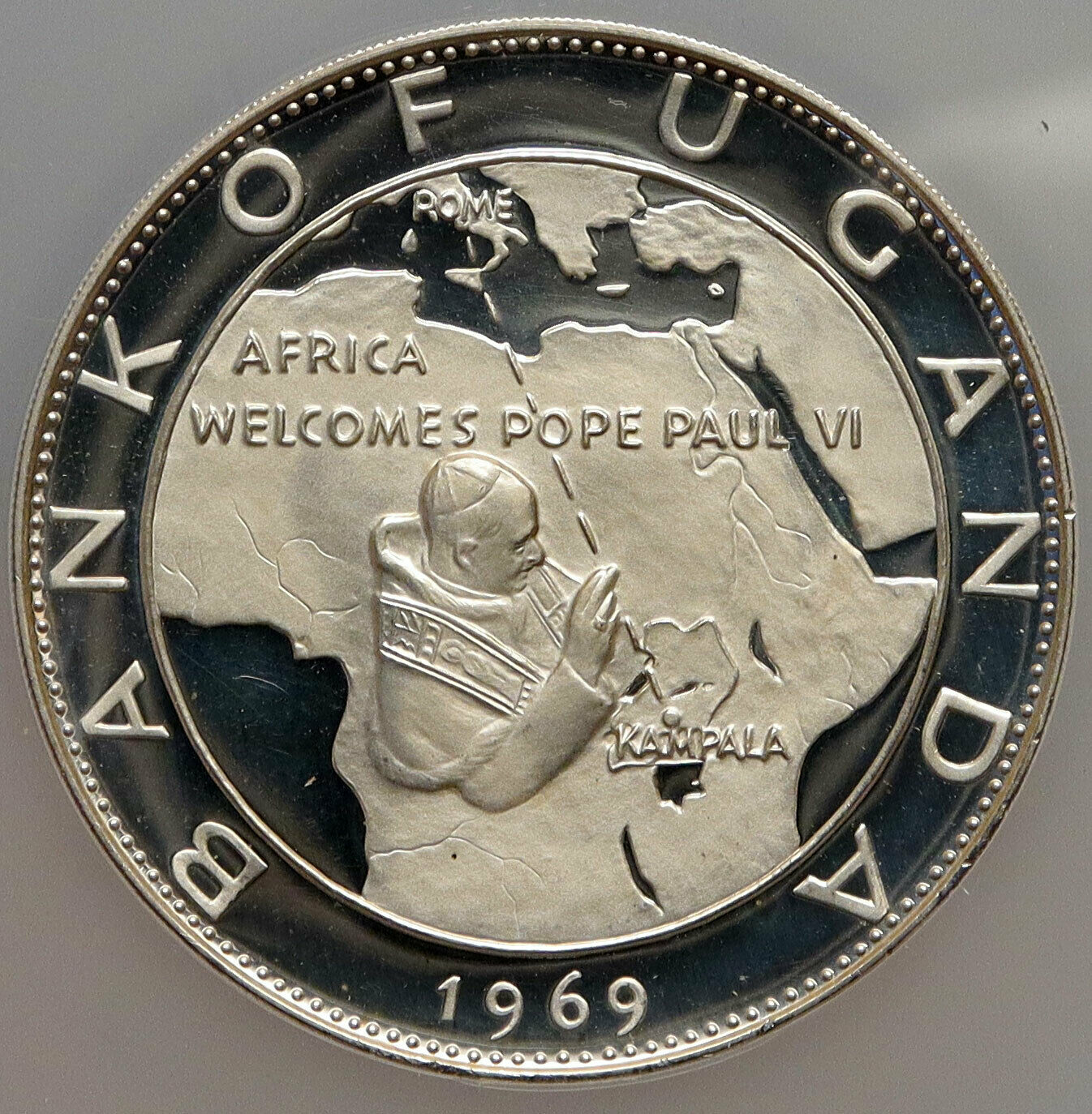 1969 UGANDA Visit POPE Paul VI XLARGE Proof Silver 20 Shilling NGC Coin i84892