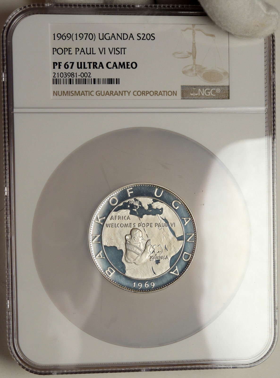 1969 UGANDA Visit POPE Paul VI XLARGE Proof Silver 20 Shilling NGC Coin i84892