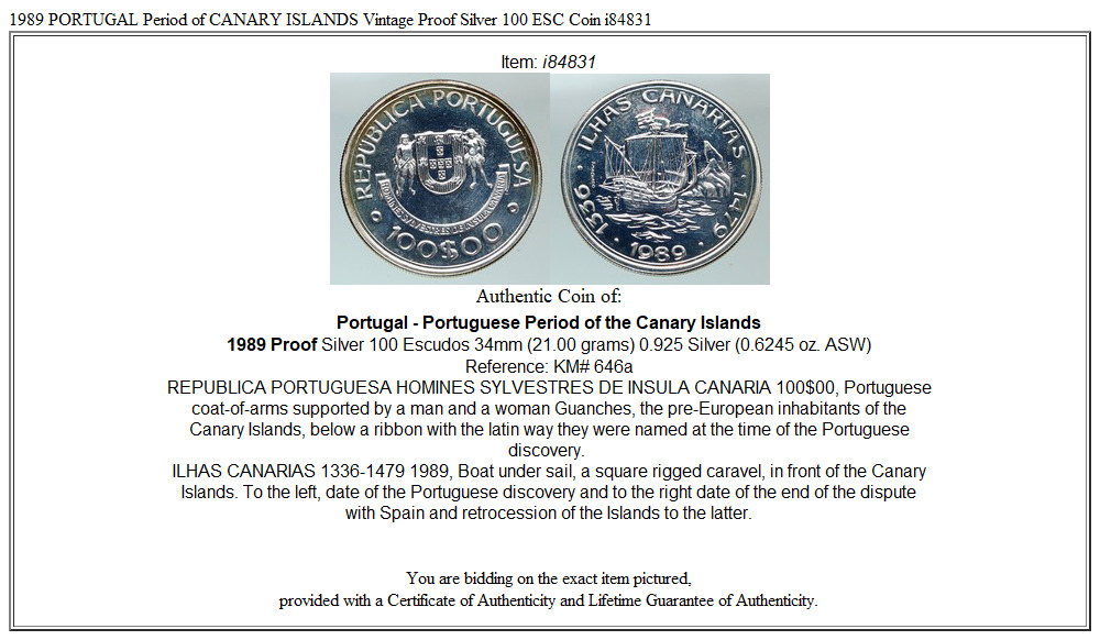 1989 PORTUGAL Period of CANARY ISLANDS Vintage Proof Silver 100 ESC Coin i84831