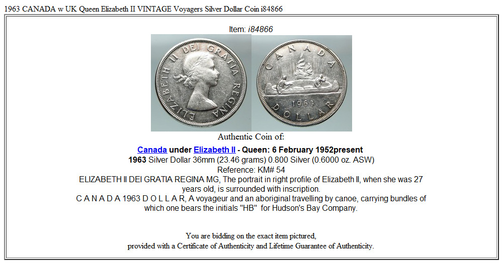 1963 CANADA w UK Queen Elizabeth II VINTAGE Voyagers Silver Dollar Coin i84866