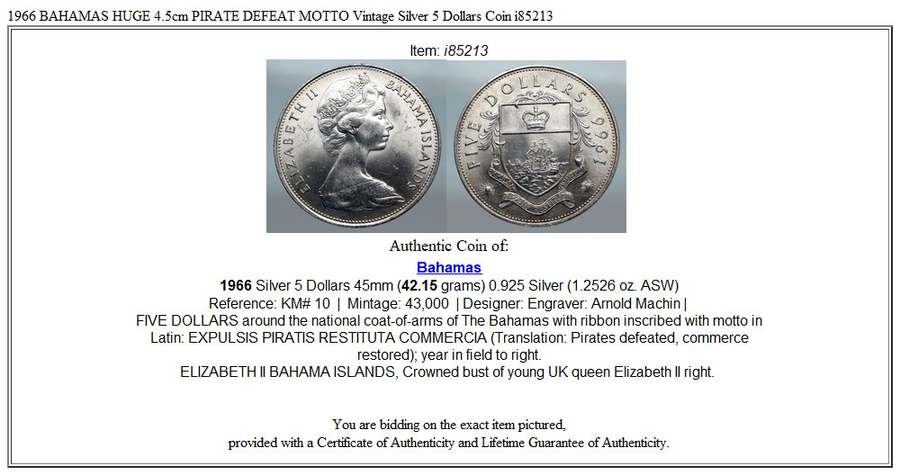 1966 BAHAMAS HUGE 4.5cm PIRATE DEFEAT MOTTO Vintage Silver 5 Dollars Coin i85213