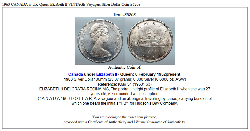 1963 CANADA w UK Queen Elizabeth II VINTAGE Voyagers Silver Dollar Coin i85208