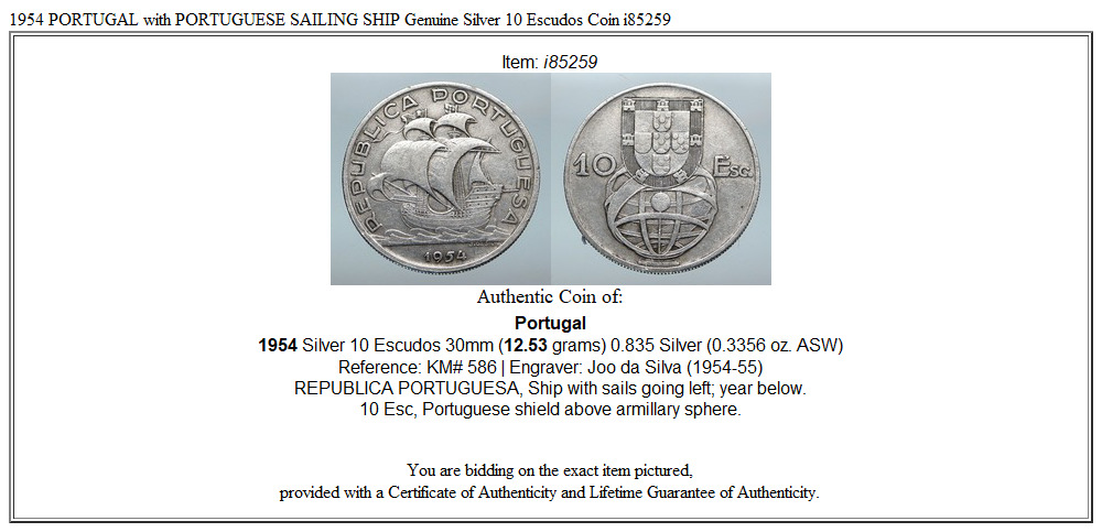 1954 PORTUGAL with PORTUGUESE SAILING SHIP Genuine Silver 10 Escudos Coin i85259