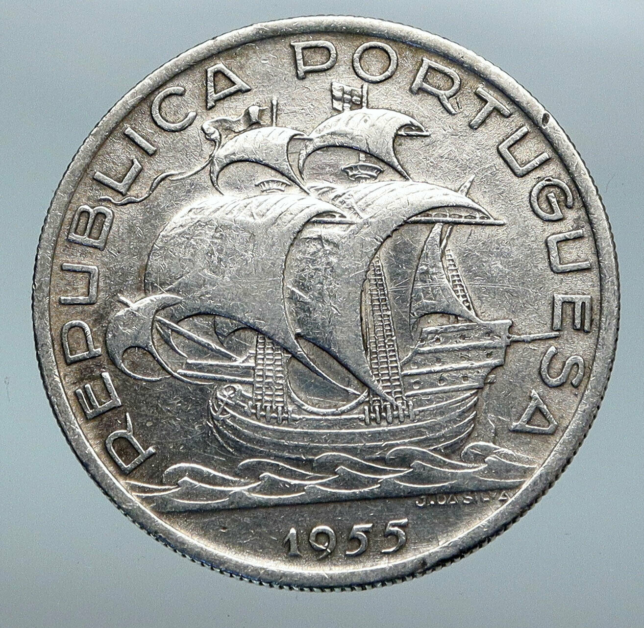 1955 PORTUGAL with PORTUGUESE SAILING SHIP Vintage Silver 10 Escudos Coin i85215