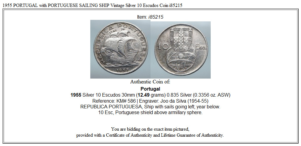 1955 PORTUGAL with PORTUGUESE SAILING SHIP Vintage Silver 10 Escudos Coin i85215