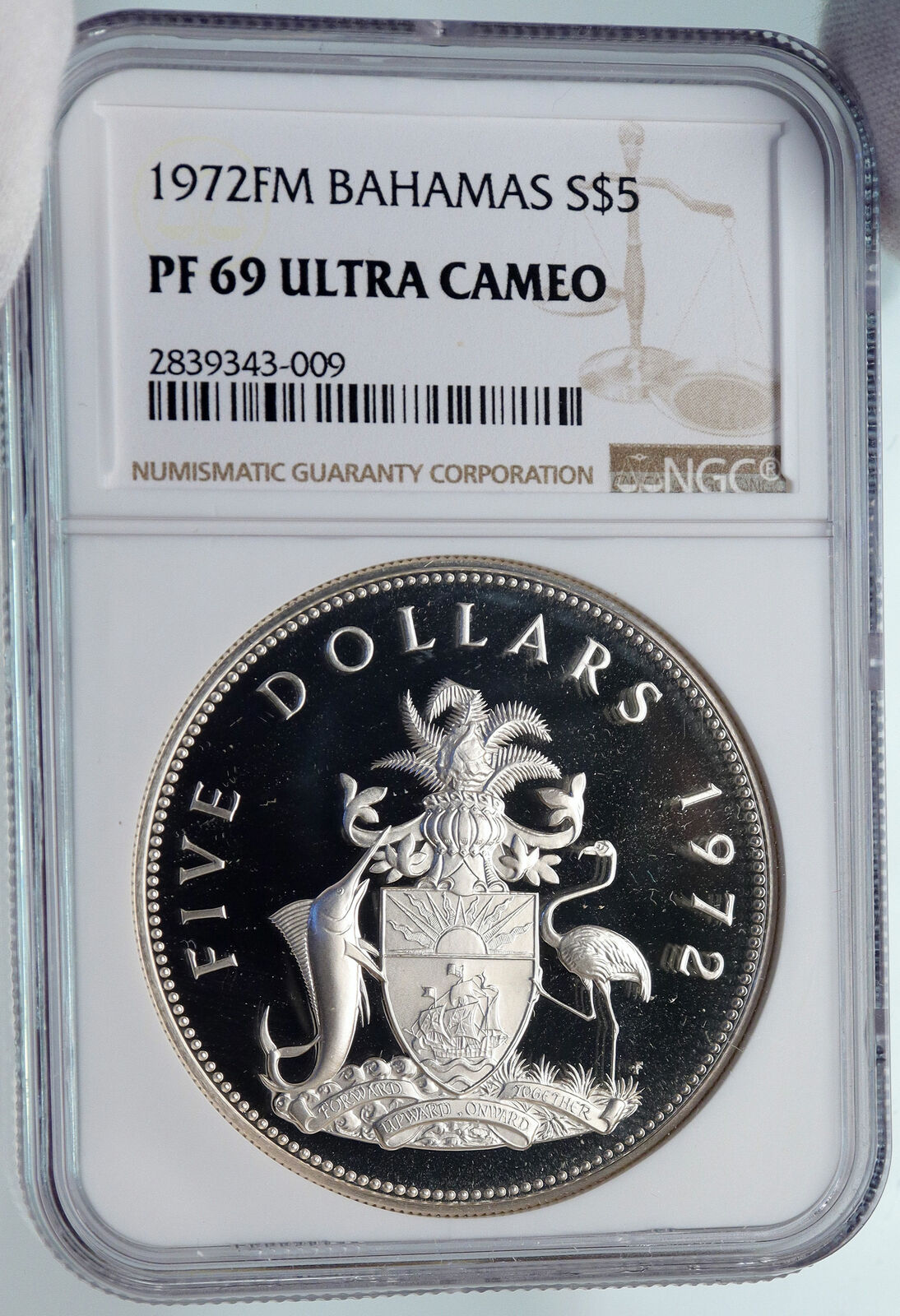 1972 BAHAMAS HUGE PIRATE DEFEAT MOTTO Vintage Proof Silver $5 Coin NGC i85230