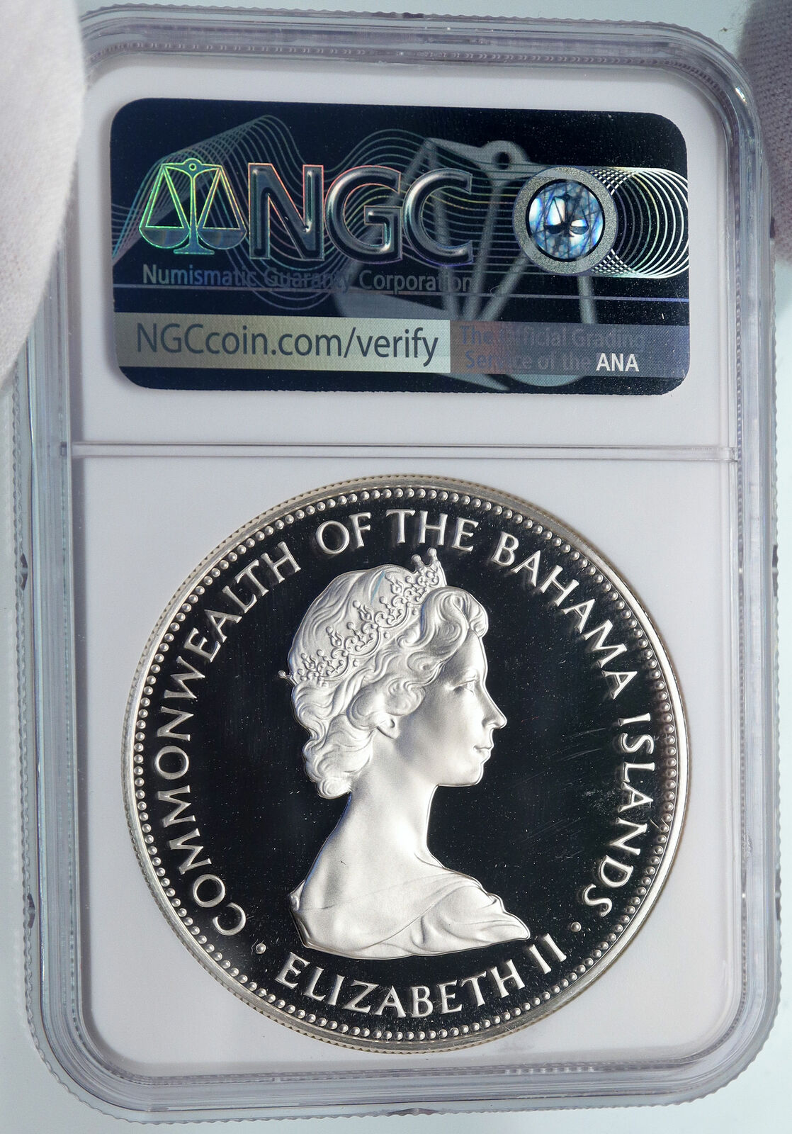 1972 BAHAMAS HUGE PIRATE DEFEAT MOTTO Vintage Proof Silver $5 Coin NGC i85230