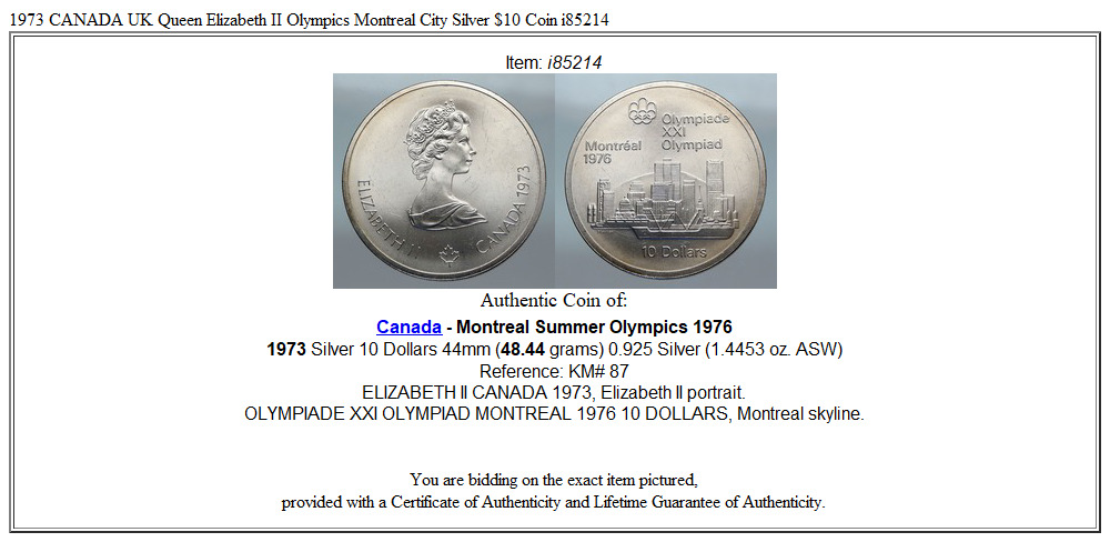 1973 CANADA UK Queen Elizabeth II Olympics Montreal City Silver $10 Coin i85214